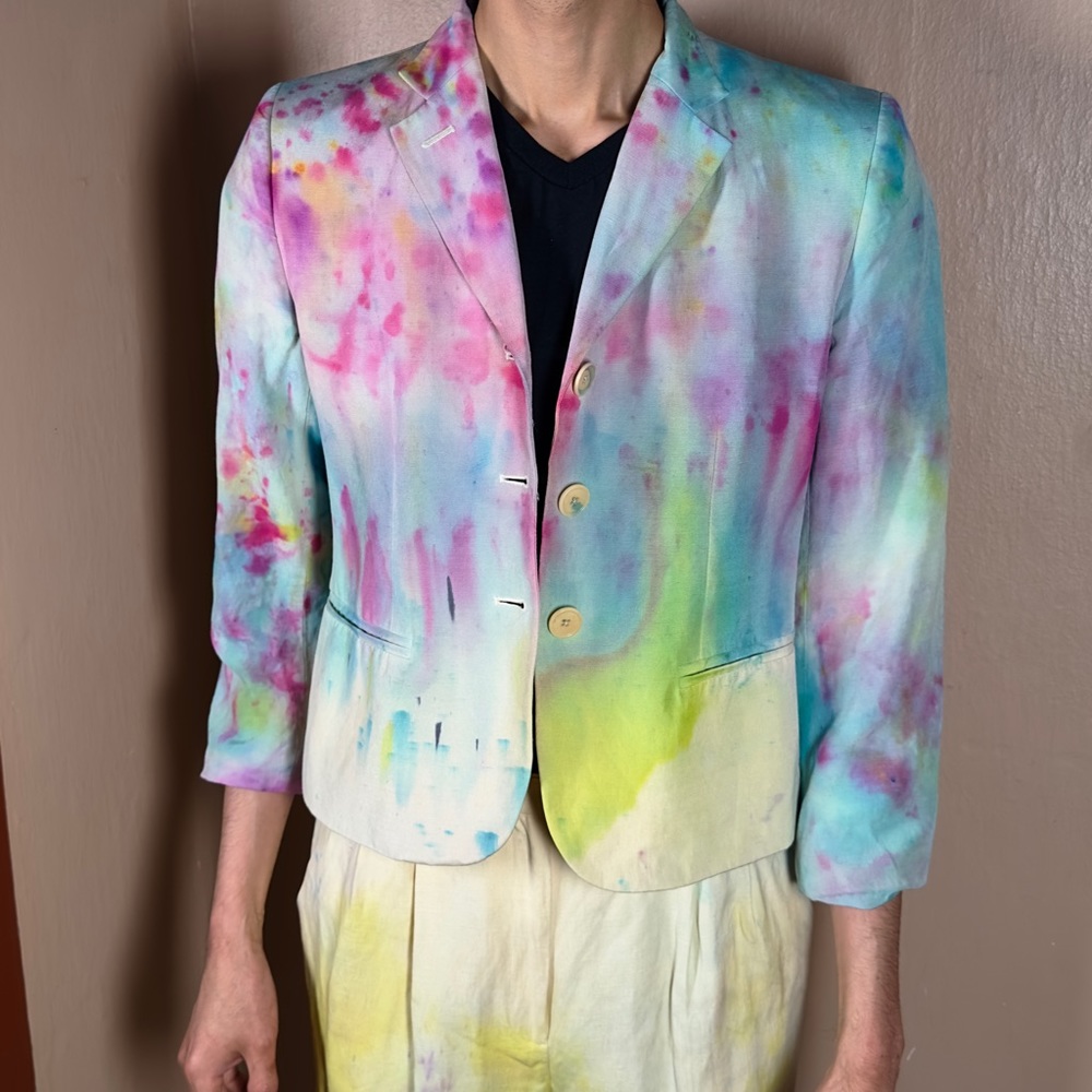 Party Dyed Suit Vintage Painted Blazer Rainbow Boho Jacket Funky Y2K Pants Chic - Picture 16 of 16